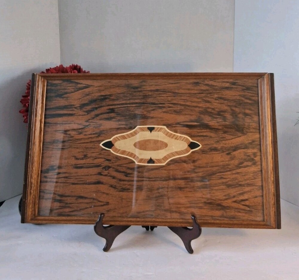 VTG MCM Inlaid Wood Serving Tray w/Glass Insert; Marquetry Medallion Oak Veneer